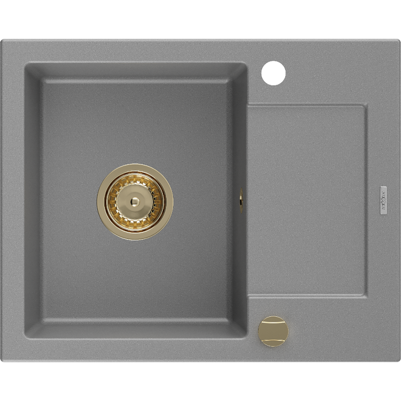 Mexen Enzo évier en granit à 1 bac avec égouttoir 576 x 465 mm, gris, siphon doré - 6506571005-71-G