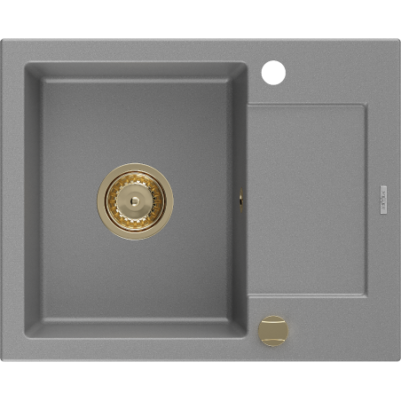 Mexen Enzo évier en granit à 1 bac avec égouttoir 576 x 465 mm, gris, siphon doré - 6506571005-71-G