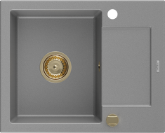 Mexen Enzo évier en granit à 1 bac avec égouttoir 576 x 465 mm, gris, siphon doré - 6506571005-71-G