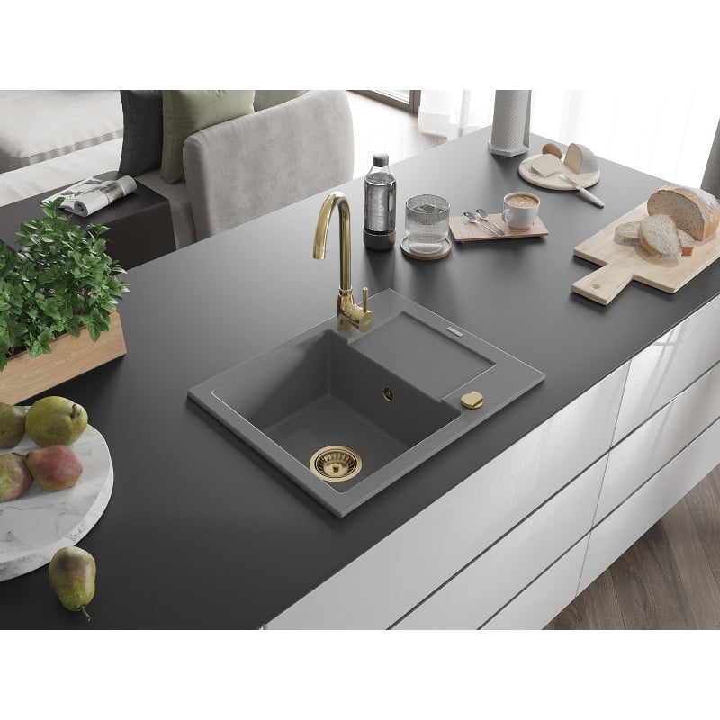 Mexen Enzo évier en granit 1 bac avec égouttoir 576 x 465 mm, gris, siphon doré - 6506571005-71-G