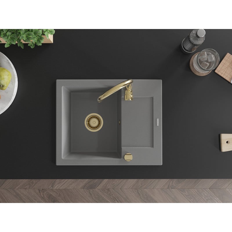 Mexen Enzo évier en granit 1 bac avec égouttoir 576 x 465 mm, gris, siphon doré - 6506571005-71-G
