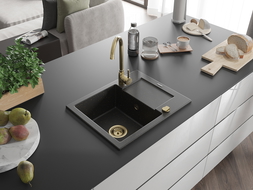 Mexen Enzo évier en granit à 1 cuve avec égouttoir 576 x 465 mm, Noir/Or métallique, siphon Or - 6506571005-75-G