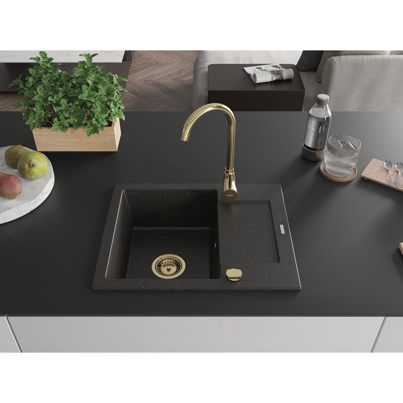 Mexen Enzo évier de cuisine en granit à 1 bac avec égouttoir 576 x 465 mm, noir/métallisé or, siphon doré - 6506571005-75-G