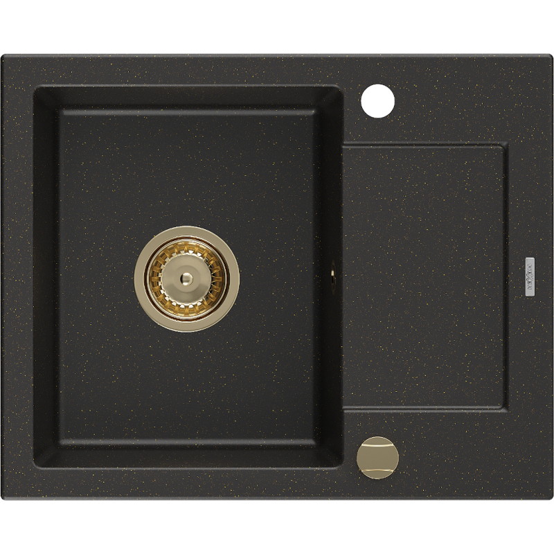 Mexen Enzo évier en granit 1 bac avec égouttoir 576 x 465 mm, noir/doré métallisé, siphon doré - 6506571005-75-G