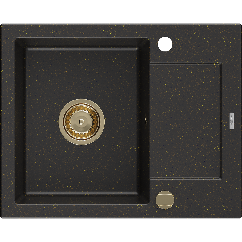 Mexen Enzo Évier en granit à 1 bac avec égouttoir 576 x 465 mm, noir/doré métallique, siphon doré - 6506571005-75-G