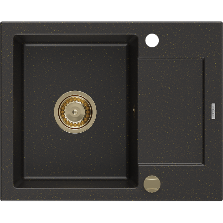 Mexen Enzo évier de cuisine en granit à 1 bac avec égouttoir 576 x 465 mm, noir/métallisé or, siphon doré - 6506571005-75-G