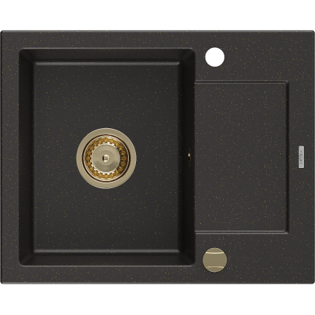 Mexen Enzo évier en granit à 1 cuve avec égouttoir 576 x 465 mm, Noir/Or métallique, siphon Or - 6506571005-75-G