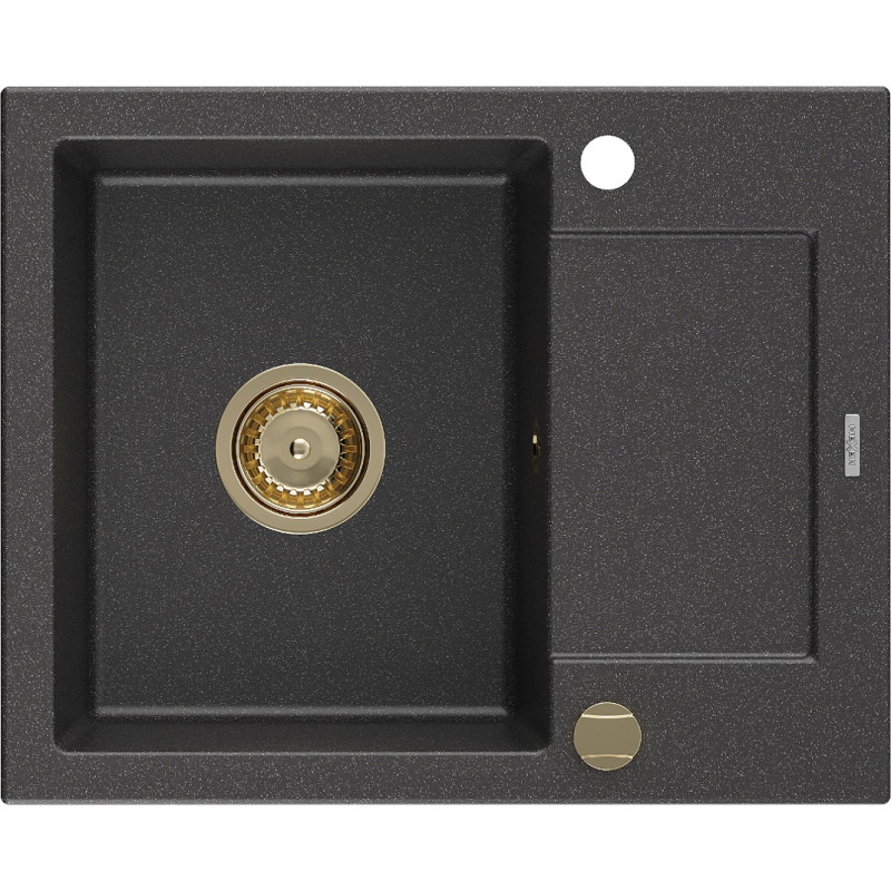 Mexen Enzo évier de cuisine en granit 1 bac avec égouttoir 576 x 465 mm, noir moucheté, siphon doré - 6506571005-76-G