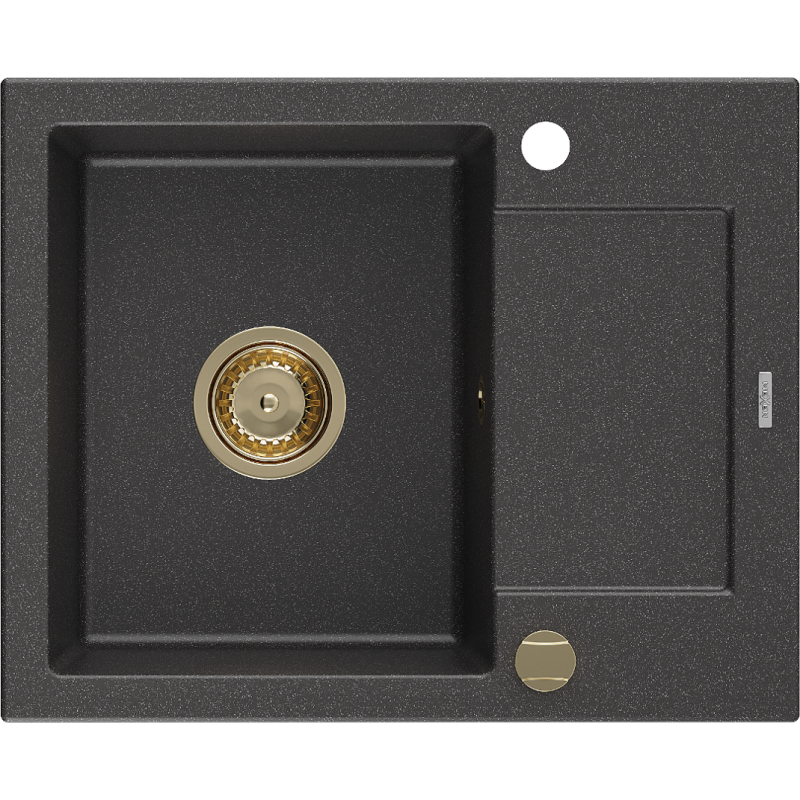 Mexen Enzo évier en granit à 1 cuve avec égouttoir 576 x 465 mm, Noir moucheté, siphon Or - 6506571005-76-G