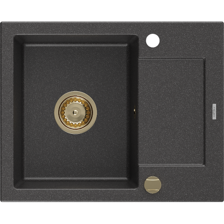Mexen Enzo évier en granit à 1 bac avec égouttoir 576 x 465 mm, noir moucheté, siphon doré - 6506571005-76-G