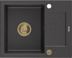 Mexen Enzo évier en granit à 1 cuve avec égouttoir 576 x 465 mm, Noir moucheté, siphon Or - 6506571005-76-G