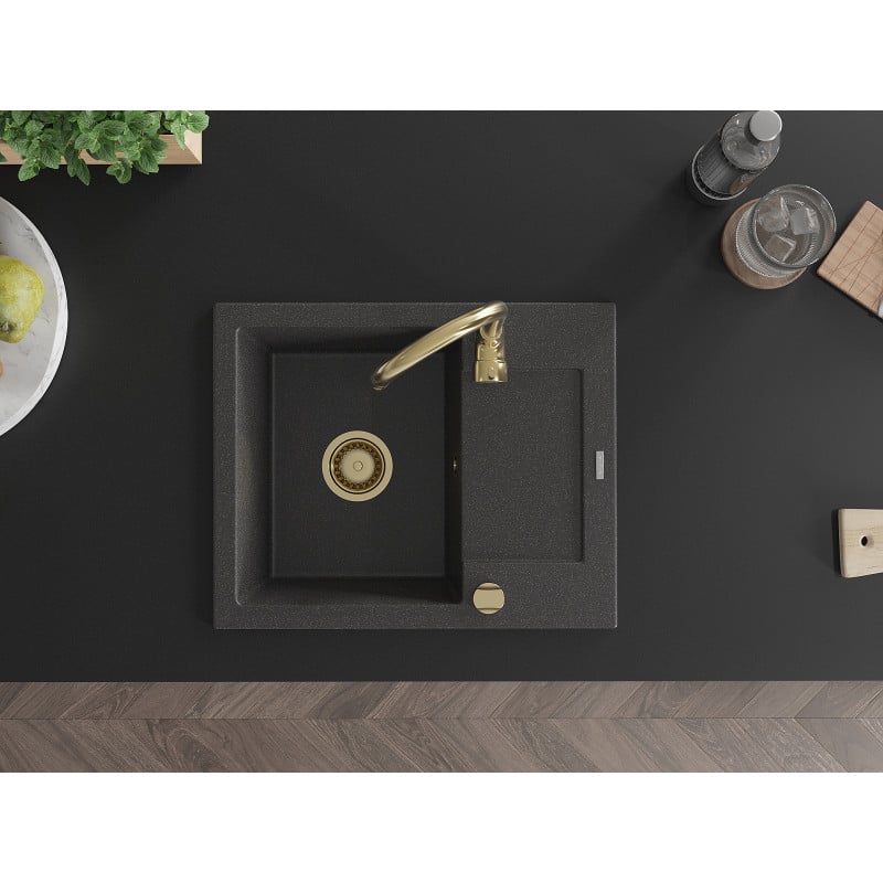 Mexen Enzo évier en granit 1 bac avec égouttoir 576 x 465 mm, noir moucheté, siphon doré - 6506571005-76-G