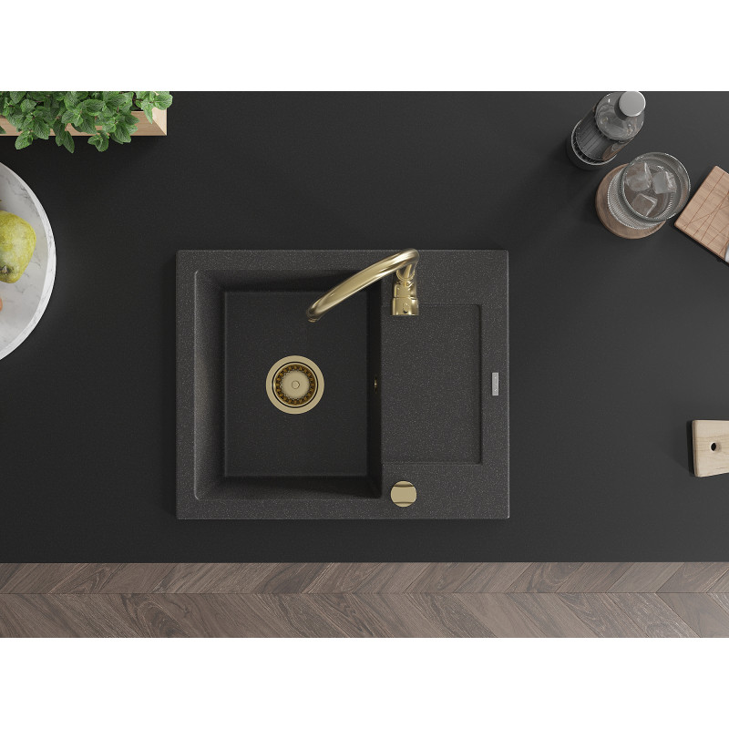 Mexen Enzo évier en granit à 1 bac avec égouttoir 576 x 465 mm, noir moucheté, siphon doré - 6506571005-76-G