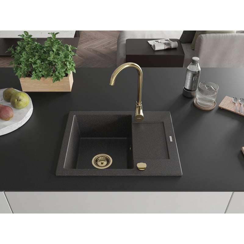 Mexen Enzo évier en granit 1 bac avec égouttoir 576 x 465 mm, noir moucheté, siphon doré - 6506571005-76-G