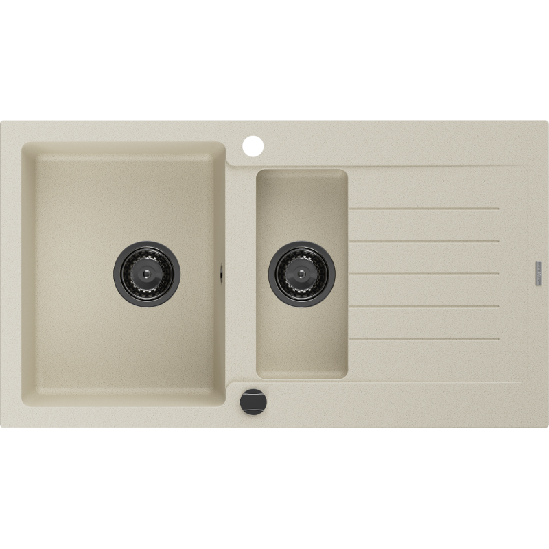 Mexen Matias évier en granit 1,5 bac avec égouttoir 900 x 505 mm, beige, siphon noir - 6502901505-69-B