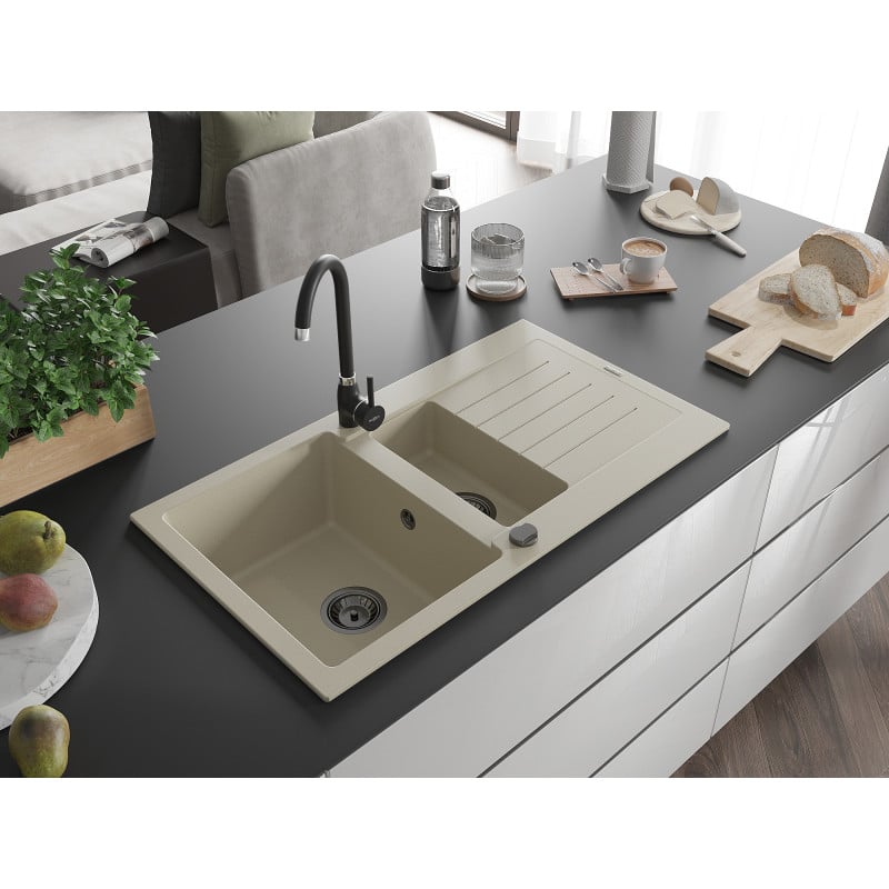 Mexen Matias évier en granit 1,5 bac avec égouttoir 900 x 505 mm, beige, siphon noir - 6502901505-69-B