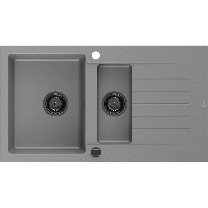 Mexen Matias évier en granit à 1,5 cuvette avec égouttoir 900 x 505 mm, Gris, siphon Noir - 6502901505-71-B