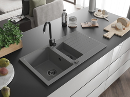 Mexen Matias évier en granit 1,5 bac avec égouttoir 900 x 505 mm, gris, siphon noir - 6502901505-71-B