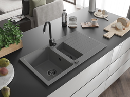 Mexen Matias évier en granit à 1,5 cuvette avec égouttoir 900 x 505 mm, Gris, siphon Noir - 6502901505-71-B
