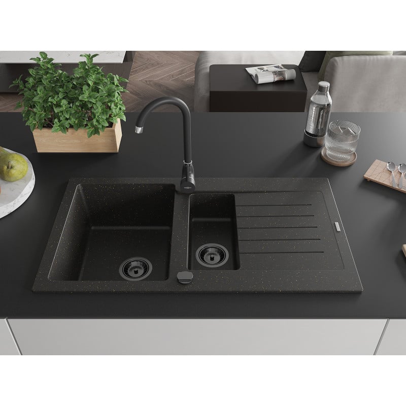 Mexen Matias évier en granit 1,5 bac avec égouttoir 900 x 505 mm, noir/doré métallique, siphon noir - 6502901505-75-B