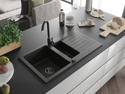 Mexen Matias évier en granit à 1,5 cuvette avec égouttoir 900 x 505 mm, Noir/Or métallique, siphon Noir - 6502901505-75-B