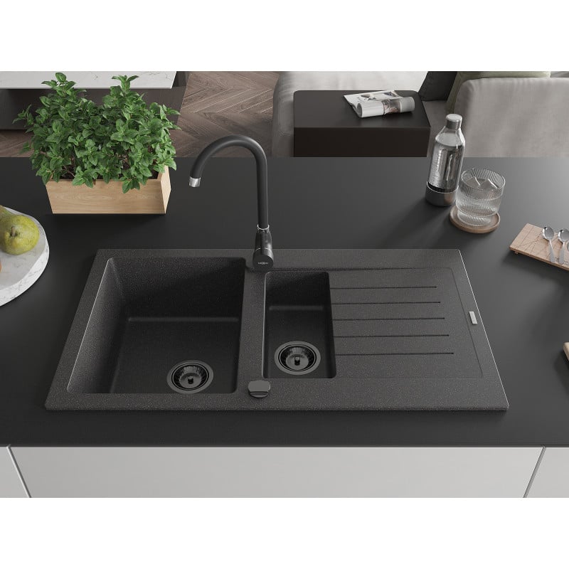 Mexen Matias évier en granit 1,5 bac avec égouttoir 900 x 505 mm, noir moucheté, siphon noir - 6502901505-76-B
