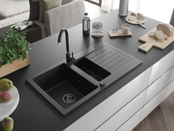 Mexen Matias évier en granit à 1,5 cuvette avec égouttoir 900 x 505 mm, Noir, siphon Noir - 6502901505-77-B
