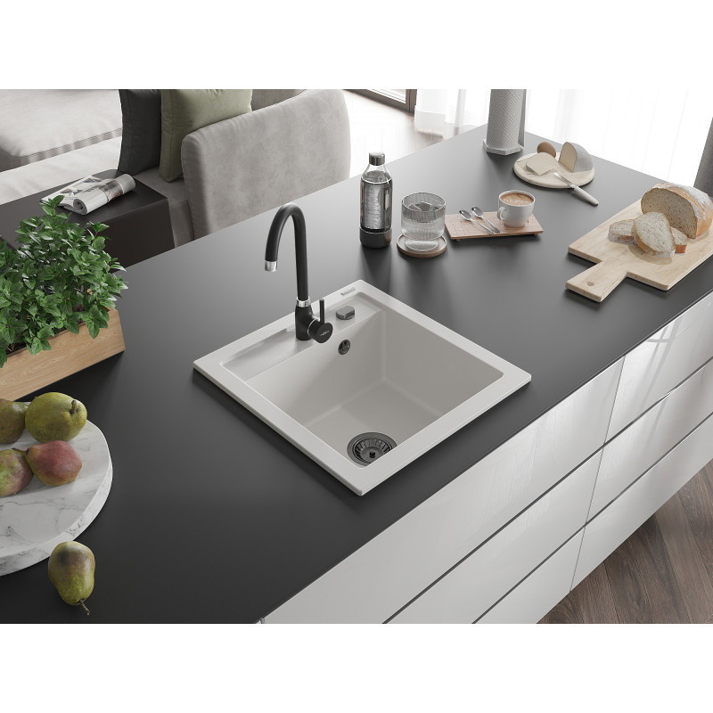 Mexen Vito évier en granit 1 cuve 520 x 490 mm, blanc, siphon noir - 6503521000-20-B