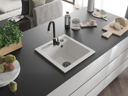 Mexen Vito évier en granit à 1 cuve 520 x 490 mm, Blanc, siphon Noir - 6503521000-20-B