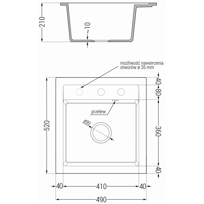 Mexen Vito évier en granit 1 bac 520 x 490 mm, beige, siphon noir - 6503521000-69-B