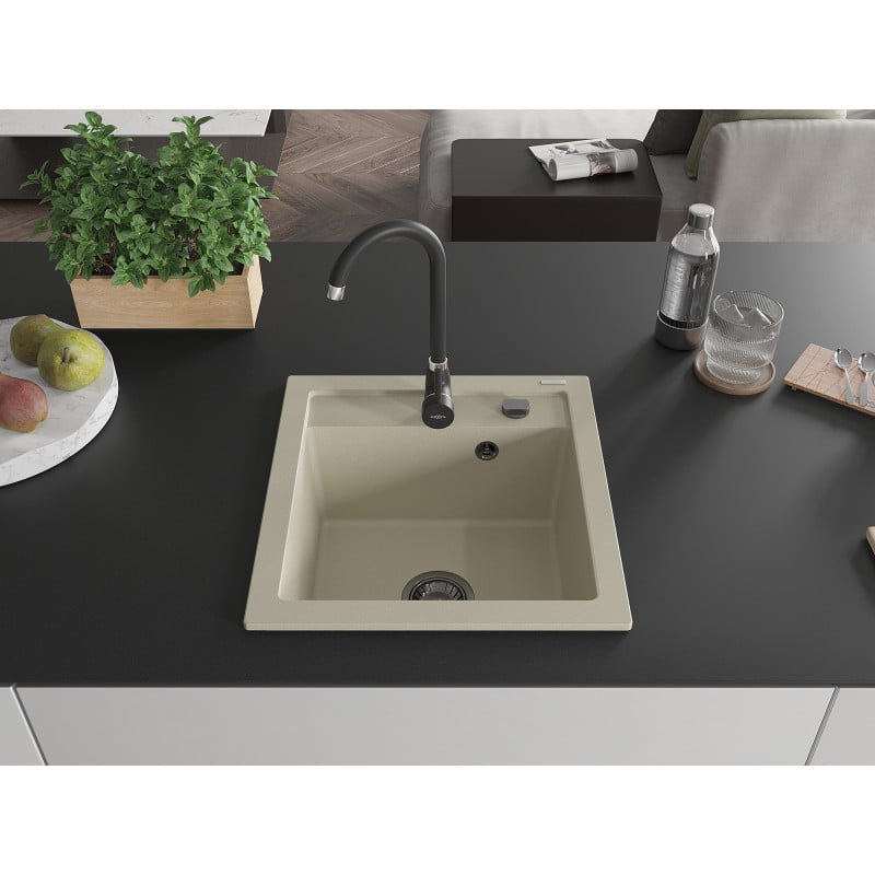 Mexen Vito évier en granit 1 bac 520 x 490 mm, beige, siphon noir - 6503521000-69-B