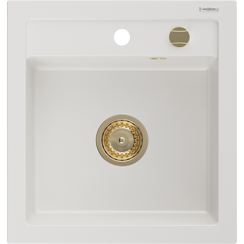 Mexen Vito évier en granit 1 bac 520 x 490 mm, blanc, siphon doré - 6503521000-20-G