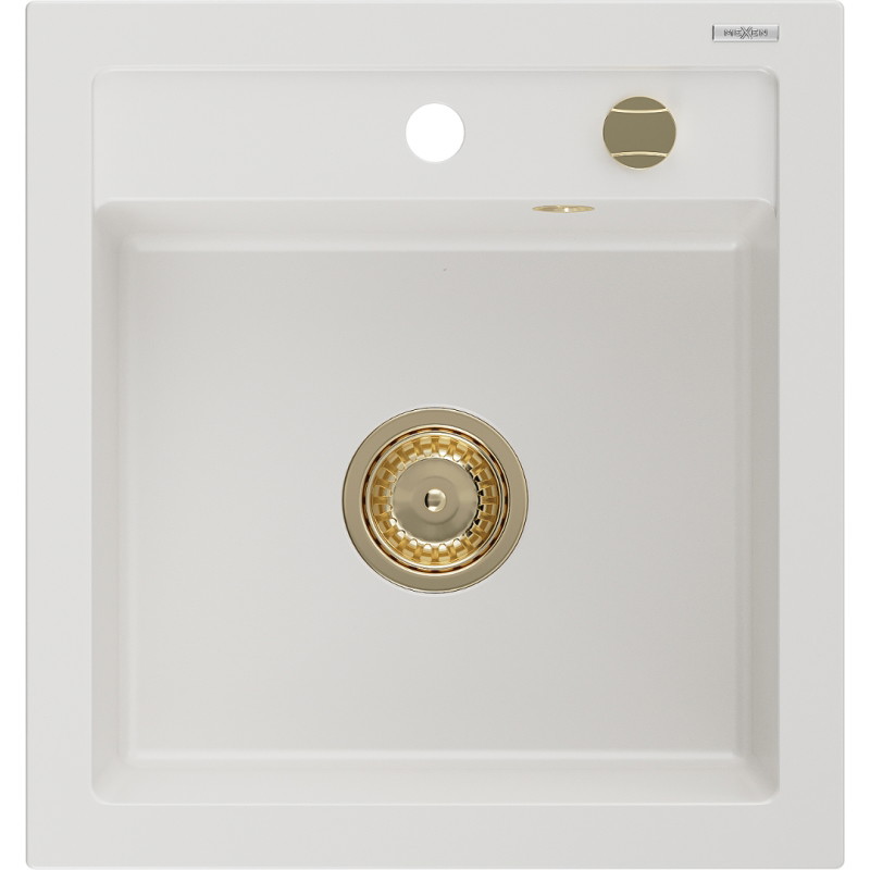 Mexen Vito évier en granit 1 cuve 520 x 490 mm, blanc, siphon doré - 6503521000-20-G
