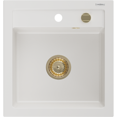 Mexen Vito évier de cuisine en granit 1 bac 520 x 490 mm, blanc, siphon doré - 6503521000-20-G