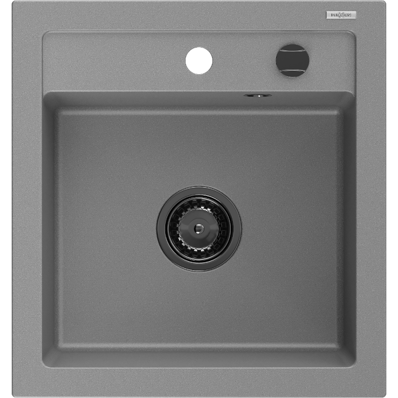Mexen Vito évier en granit à 1 cuve 520 x 490 mm, Gris, siphon Noir - 6503521000-71-B