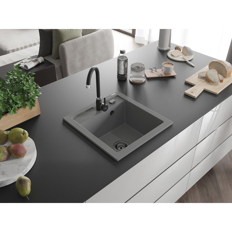 Mexen Vito évier en granit 1 bac 520 x 490 mm, gris, siphon noir - 6503521000-71-B