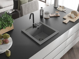 Mexen Vito évier en granit à 1 cuve 520 x 490 mm, Gris, siphon Noir - 6503521000-71-B
