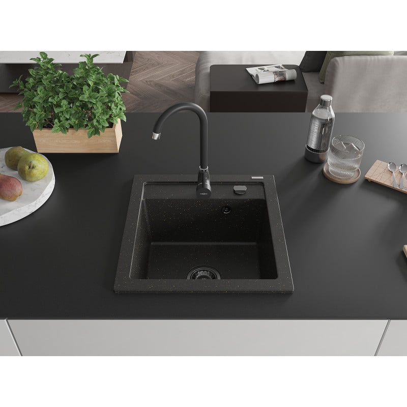 Mexen Vito évier en granit 1-bac 520 x 490 mm, noir/doré métallique, siphon noir - 6503521000-75-B