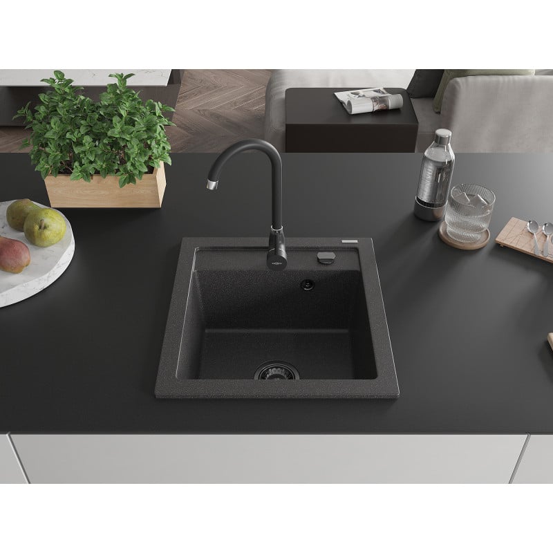 Mexen Vito évier en granit 1 bac 520 x 490 mm, noir moucheté, siphon noir - 6503521000-76-B