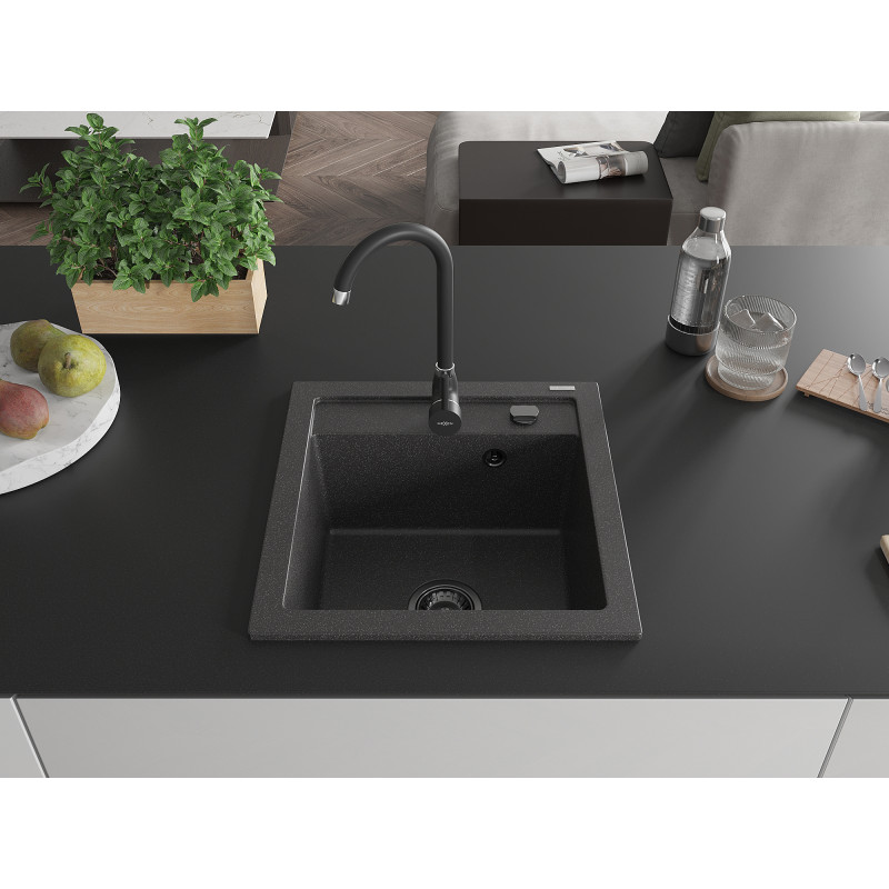 Mexen Vito évier en granit à 1 bac 520 x 490 mm, noir moucheté, siphon noir - 6503521000-76-B