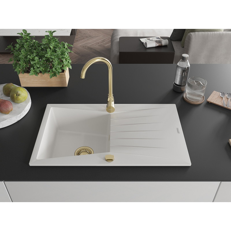 Mexen Cesar évier en granit à 1 bac avec égouttoir 775 x 470 mm, blanc, siphon doré - 6514771010-20-G
