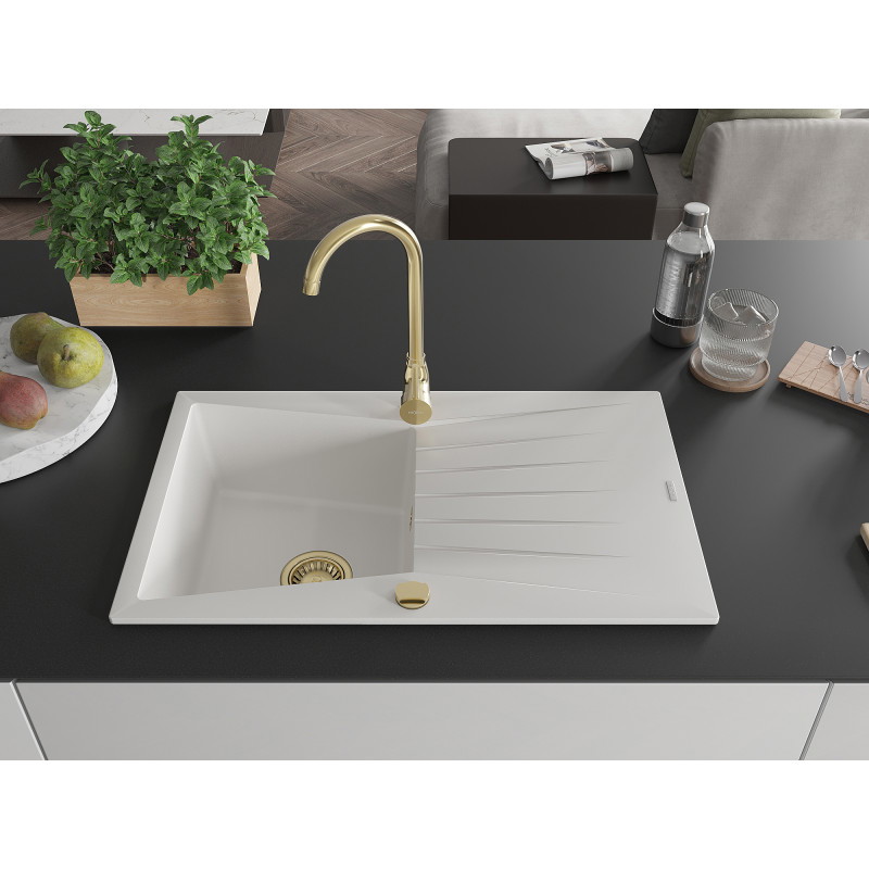 Mexen Cesar évier granit 1 bac avec égouttoir 775 x 470 mm, blanc, siphon doré - 6514771010-20-G
