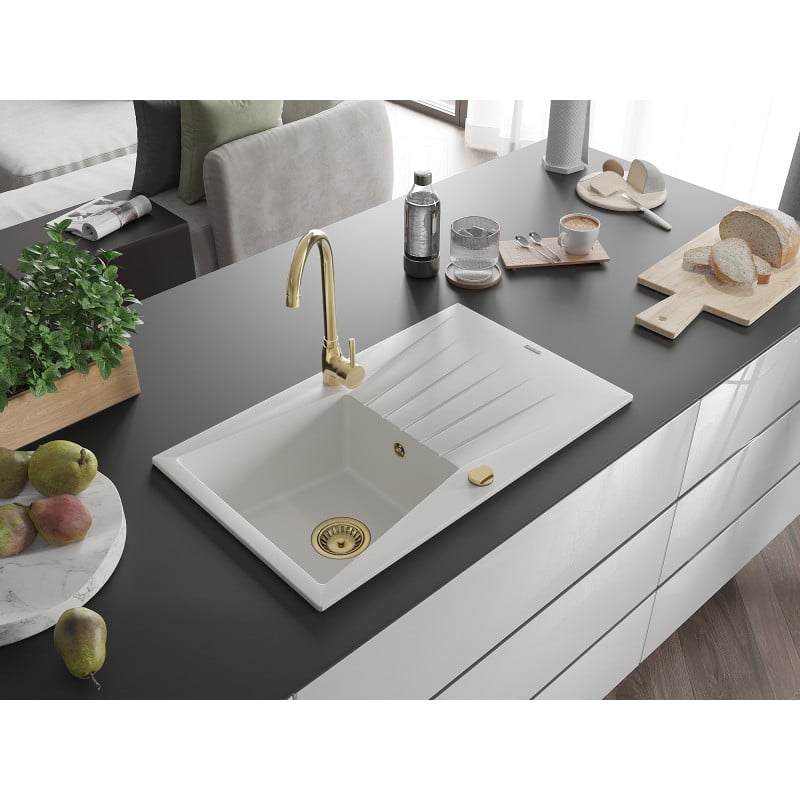 Mexen Cesar évier en granit 1 bac avec égouttoir 775 x 470 mm, blanc, siphon doré - 6514771010-20-G