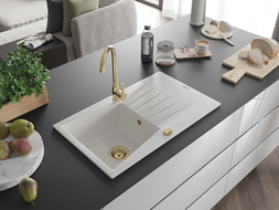 Mexen Cesar évier en granit à 1 cuve avec égouttoir 775 x 470 mm, Blanc, siphon Or - 6514771010-20-G