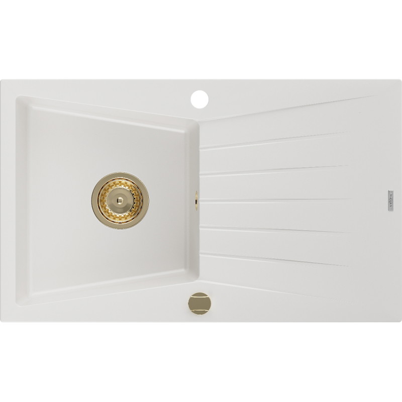 Mexen Cesar évier en granit à 1 bac avec égouttoir 775 x 470 mm, blanc, siphon doré - 6514771010-20-G