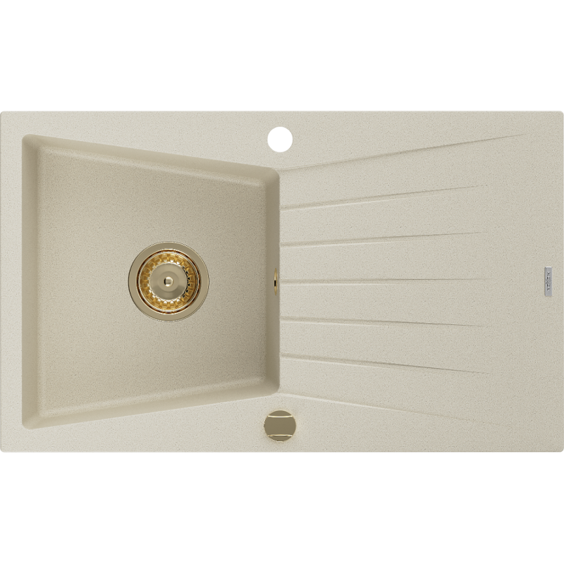 Mexen Cesar évier en granit à 1 cuve avec égouttoir 775 x 470 mm, Beige, siphon Or - 6514771010-69-G
