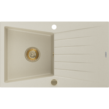 Mexen Cesar évier en granit à 1 bac avec égouttoir 775 x 470 mm, beige, siphon doré - 6514771010-69-G