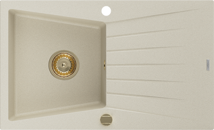 Mexen Cesar évier en granit à 1 bac avec égouttoir 775 x 470 mm, beige, siphon doré - 6514771010-69-G