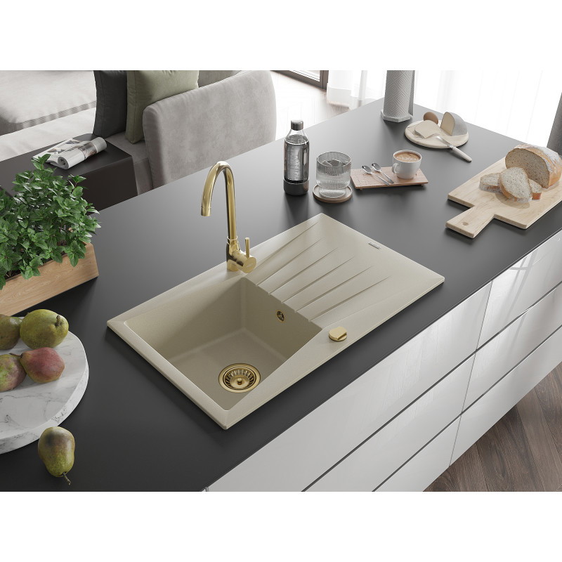 Mexen Cesar évier en granit 1 bac avec égouttoir 775 x 470 mm, beige, siphon doré - 6514771010-69-G