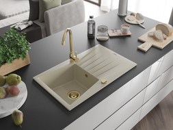 Mexen Cesar évier en granit à 1 bac avec égouttoir 775 x 470 mm, beige, siphon doré - 6514771010-69-G